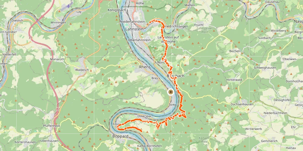 Karte: Rheinsteig-Etappen 11 und 12 (Niederlahnstein - Braubach - Kamp-Bornhofen) gegen&uuml;ber Spay